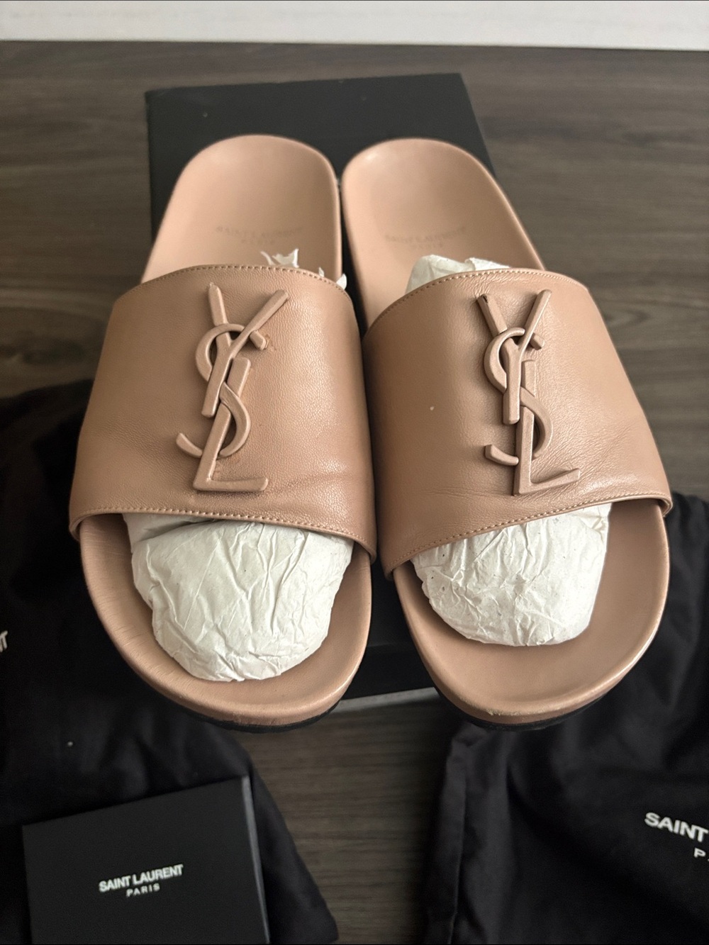 Saint Laurent Leather YSL Slide Sandals in Beige